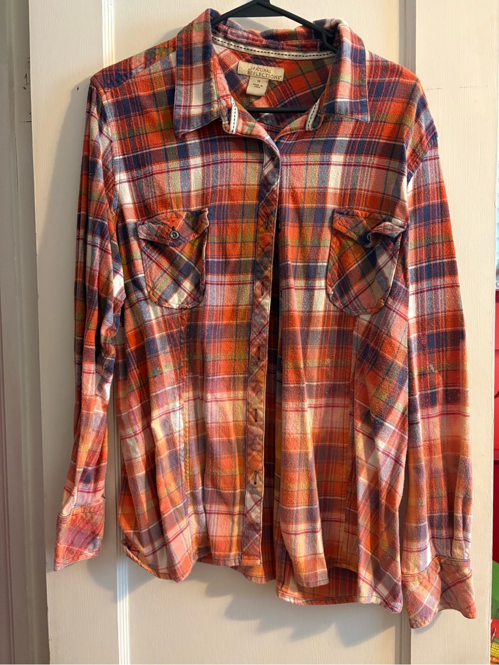 Natural Reflections Orange Plaid flannel Button-Up Shirt Distressed to look old